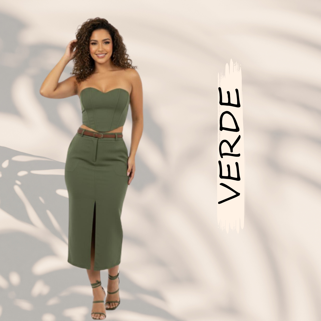 Conjunto Corset + Falda Midi | Estilo y Elegancia-Talla: Única (ajustable S, M, L).🎁Incluye Cinturón + Envío gratis