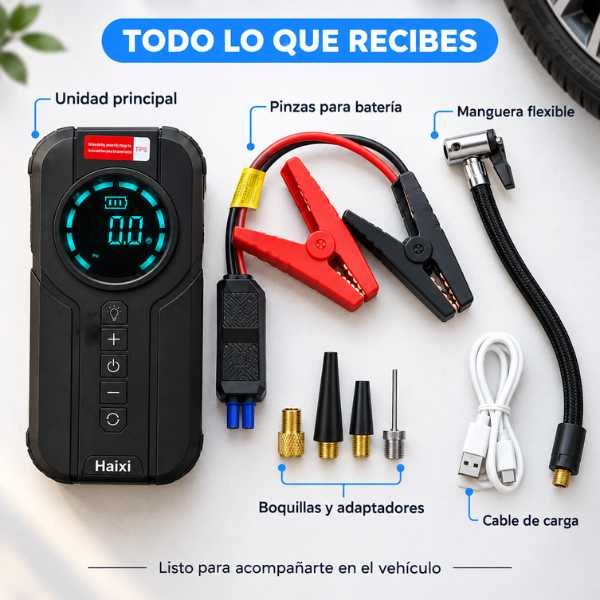 Iniciador 12V + Compresor + Linterna Led + Power Bank 🎁 4 en 1