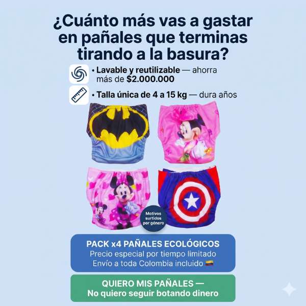 Pañal Ecológico Reutilizable-ahorra más-Talla única de 4 a 15 kg — Dura años. 🎁Pack x4 por solo $149.900