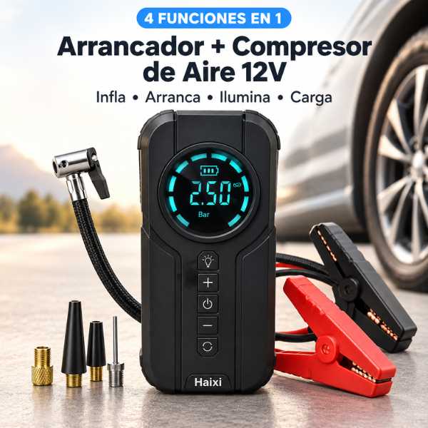 Iniciador 12V + Compresor + Linterna Led + Power Bank 🎁 4 en 1