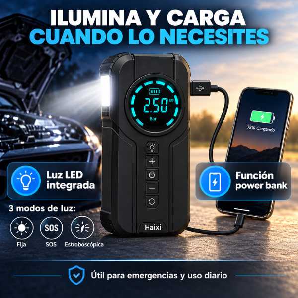 Iniciador 12V + Compresor + Linterna Led + Power Bank 🎁 4 en 1