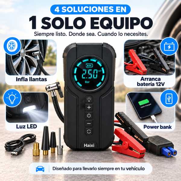 Iniciador 12V + Compresor + Linterna Led + Power Bank 🎁 4 en 1