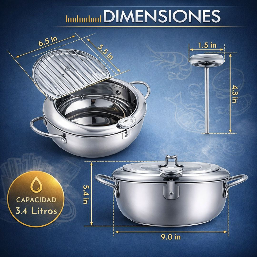 Olla Freidora con Termómetro (Acero Inoxidable)🎁Envío Gratis