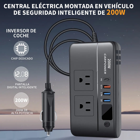 Transforma tu carro en oficina o centro de carga: Inversor 200 W compacto + 3 USB + Tipo‑C + LED.