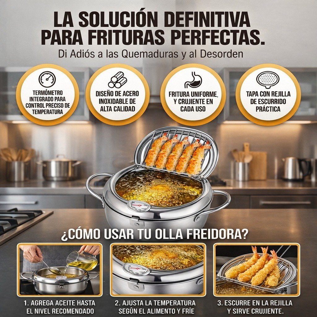 Olla Freidora con Termómetro (Acero Inoxidable)🎁Envío Gratis